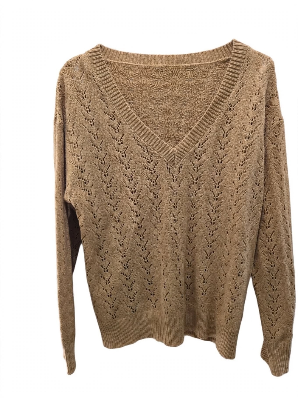 CUPSHE Pointelle Knit Sweater V-Neck Drop Sleeve Tan Camel Size M